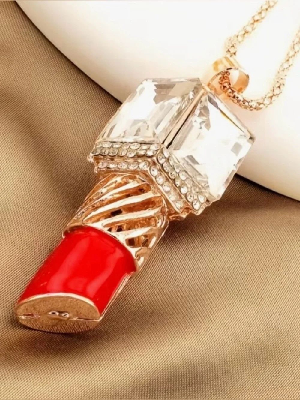 Betsey Johnson Gold & Red Lipstick Pendant Necklace with Clear Crystal Accent 💄